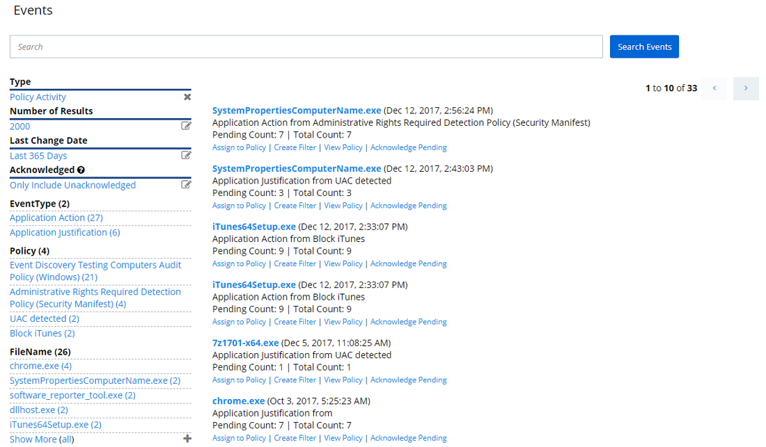 Note the filtering on the left panel that allows users to narrow down the results to a certain computer/set of computers, to certain files that are most often executed, or to blacklisted, whitelisted or elevated apps only.