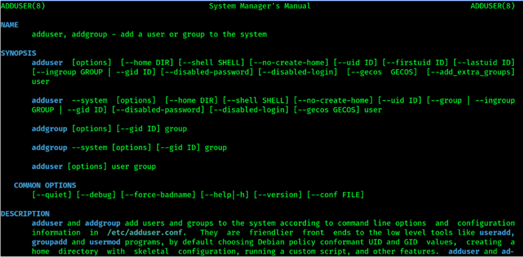 output when using "man adduser" command 