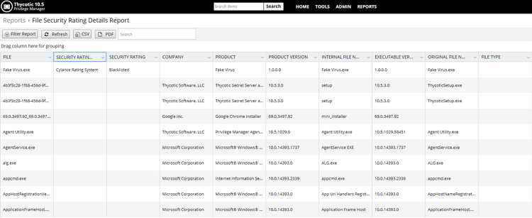 Inventoried applications with Cylance’s security rating